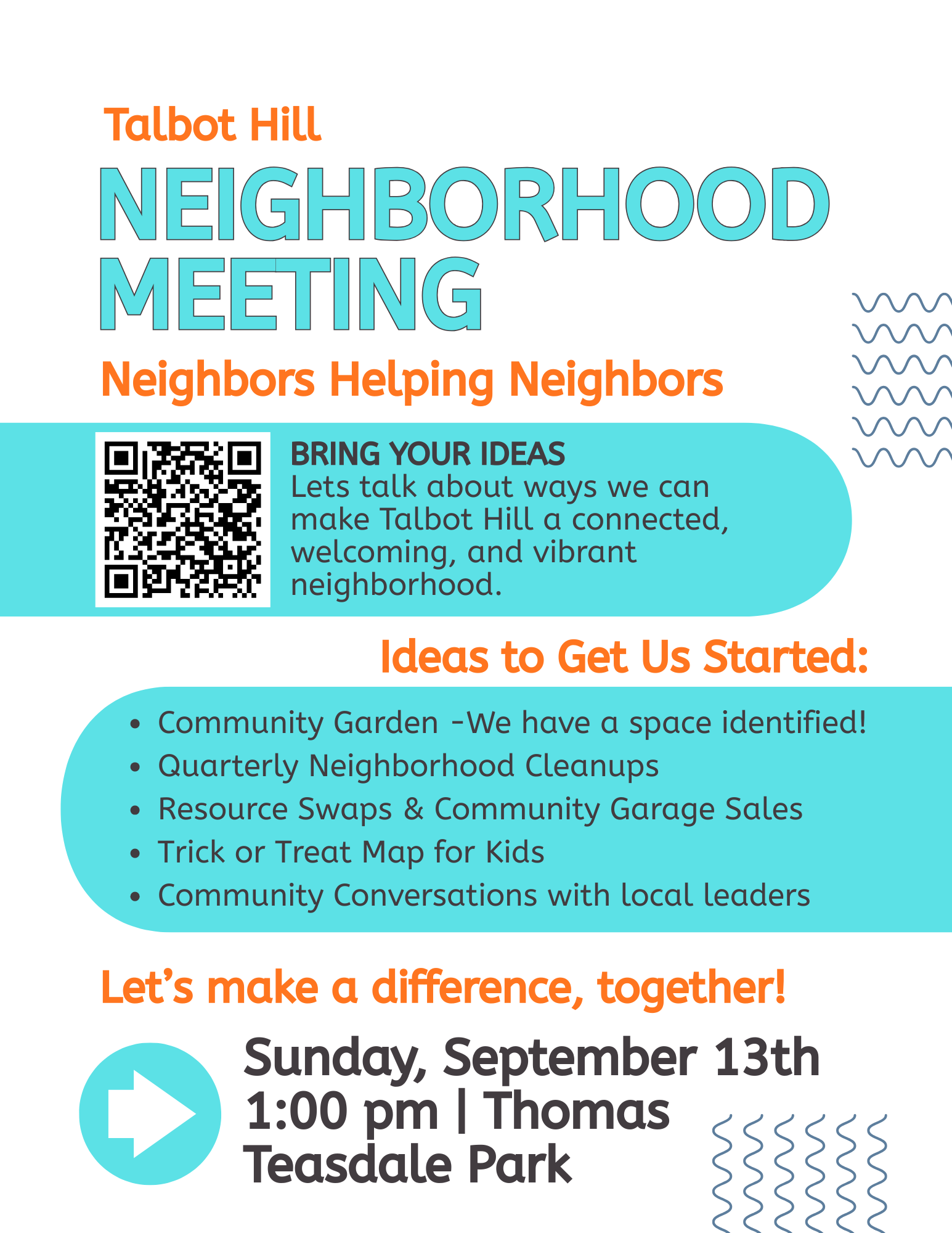 Talbot Hill Neighborhood Meeting Poster - Sunday, September 13th at Thomas Teasdale Park